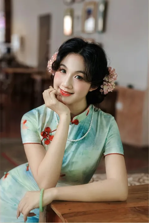 身穿薄荷色水彩旗袍、戴珍珠与玉镯的女子坐在木桌前