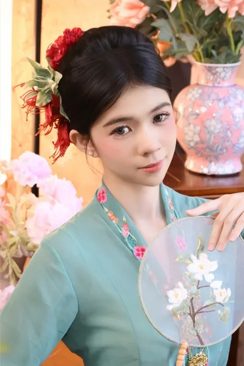 身穿玉色可峇雅、别红花、手持绢扇的女子在室内