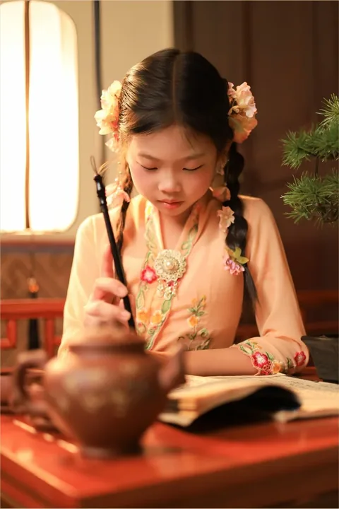 身穿蜜桃色可峇雅的女孩在暖黄灯下执毛笔写字